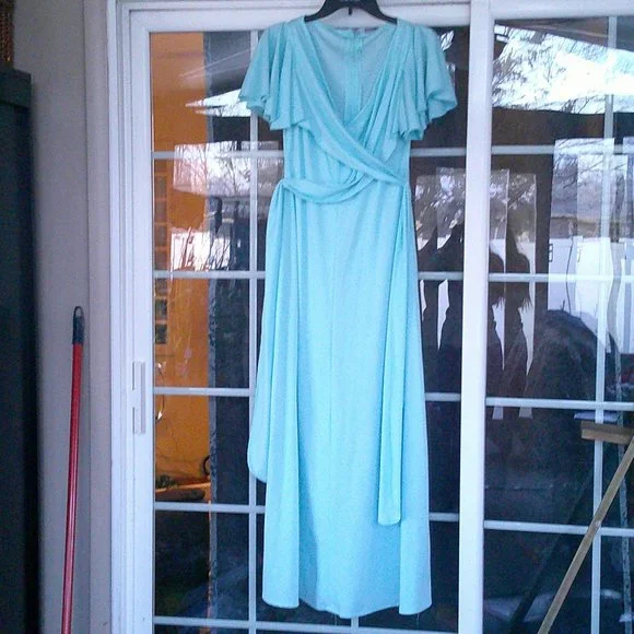 70s flutter sleeve baby blue maxi dress - Picture 1 of 7